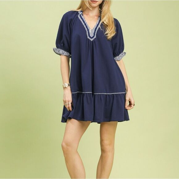 Umgee Women's Quiet Luxury French Terry Mini Dress Ruffled Striped Trim S M L - Picture 4 of 5